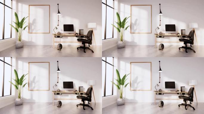 白色混凝土地板和白色砖墙设计的书桌上的室内电脑和办公工具。3D渲染
