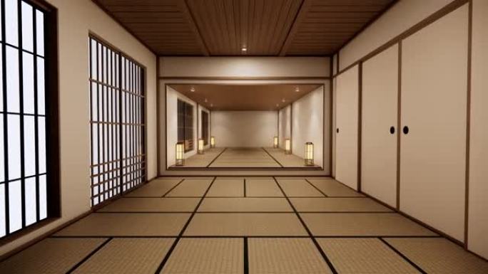 房间空着榻榻米垫子和纸滑动门，叫做禅宗风格的Shoji。3d渲染