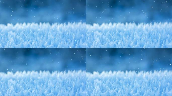 具有闪光效果的雪结晶冰晶蓝色下雪背景