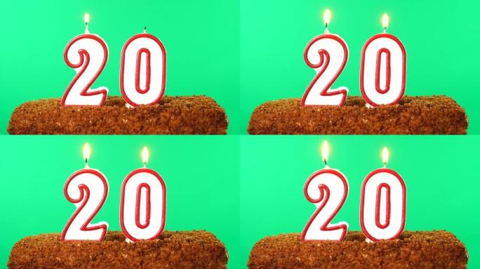 20号点燃蜡烛的蛋糕。色度键。绿屏。隔离