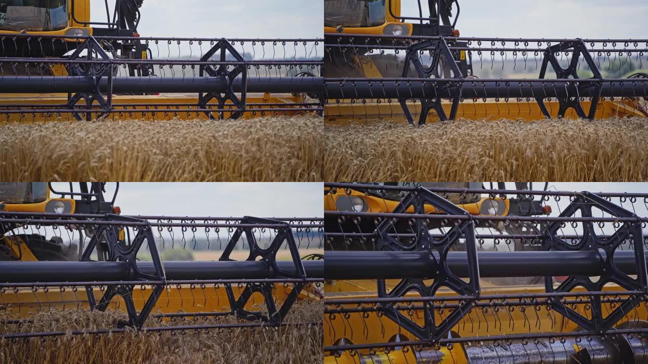 现代联合收割机刀具的详细视图。农业设备切割黄穗小麦。谷物收割机在田间收集成熟小麦的作物。特写。