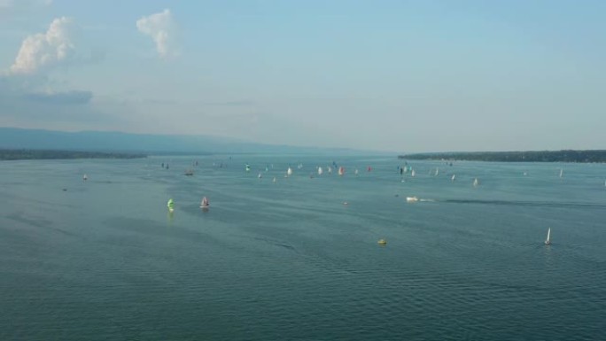 日内瓦市著名湖帆船交通晴天空中全景4k瑞士