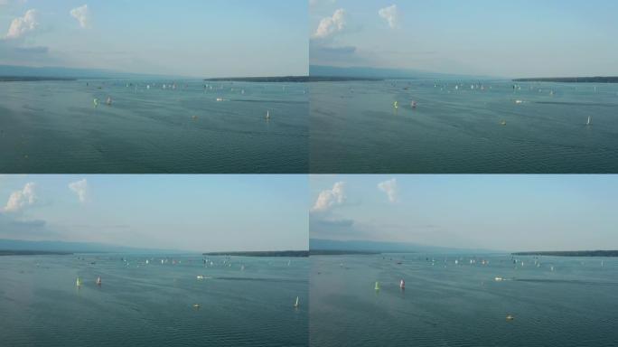 日内瓦市著名湖帆船交通晴天空中全景4k瑞士