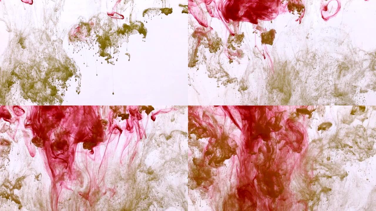 水滴下的油漆和彩色墨水的移动，鲜艳的颜色。