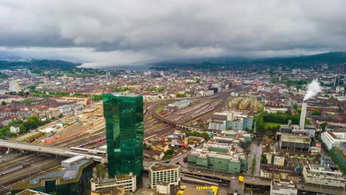 苏黎世城市景观铁路空中全景4k延时瑞士