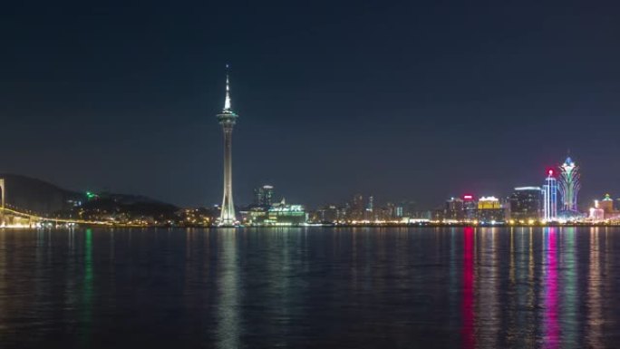 夜间照明澳门城市湾交通桥塔全景4k延时中国