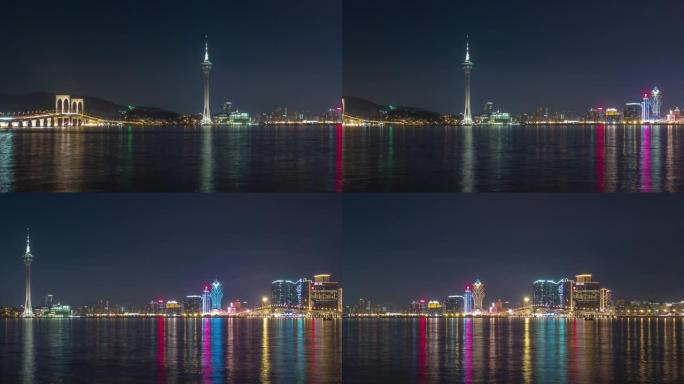 夜间照明澳门城市湾交通桥塔全景4k延时中国