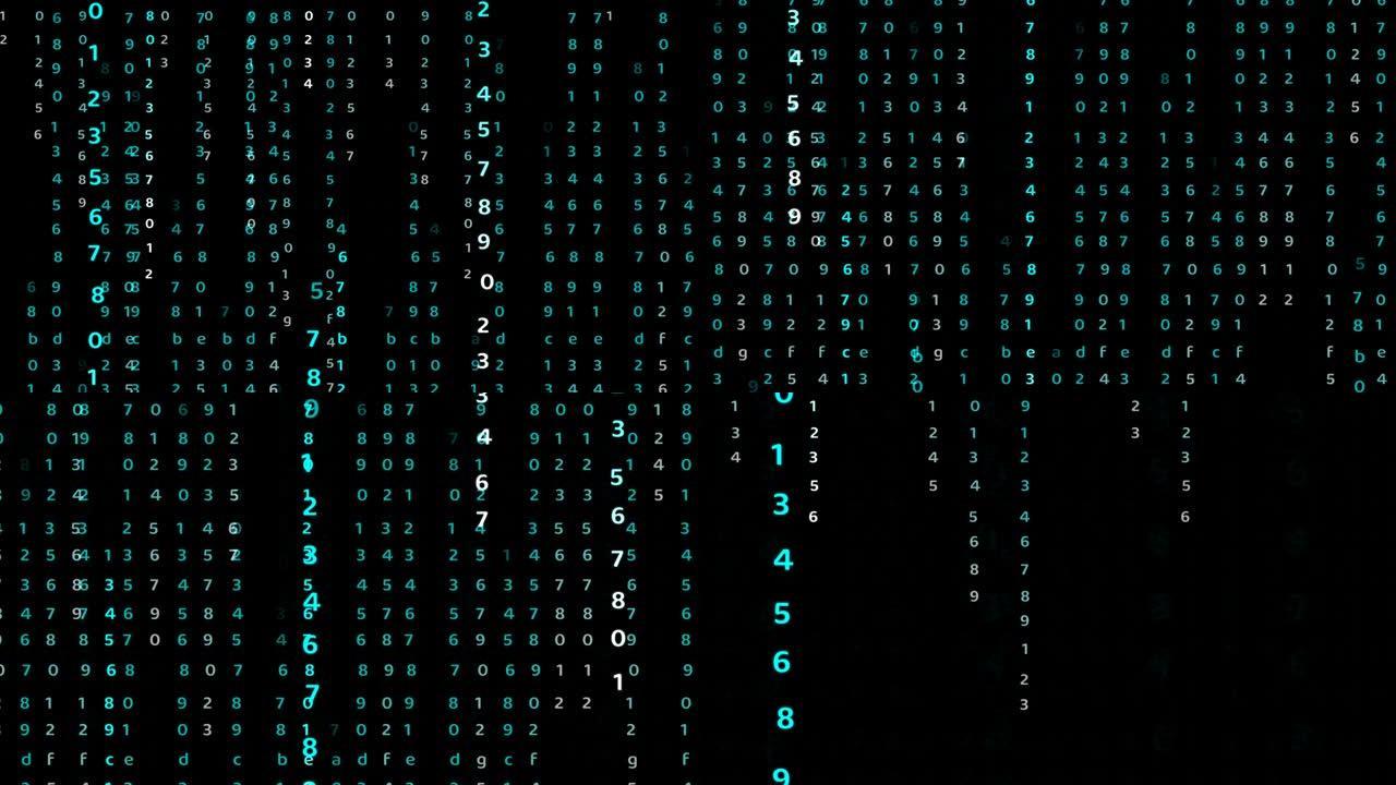 黑屏上的矩阵数字蓝色辉光抽象文本效果运动