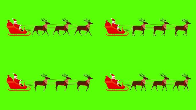 绿屏色度键平面动画上的驯鹿拉的圣诞老人
