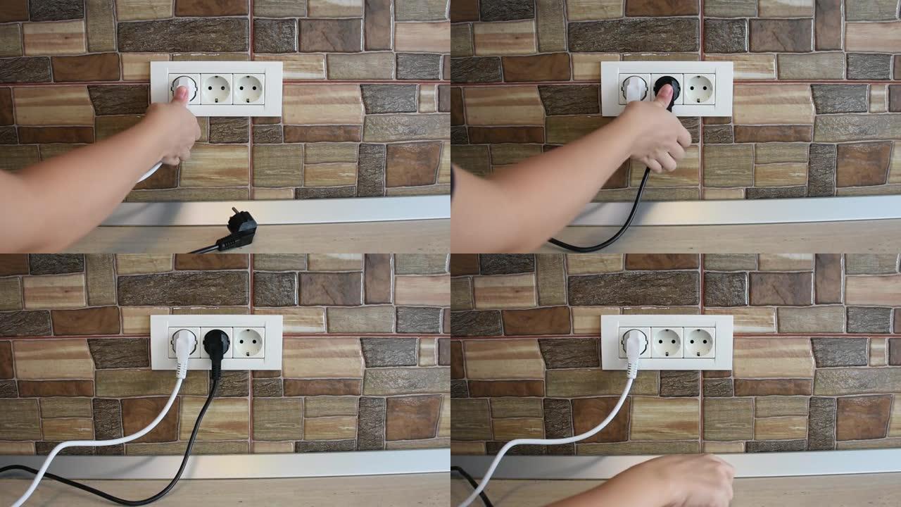 女人的手将多个家用电器连接到三重电源墙壁插座中。