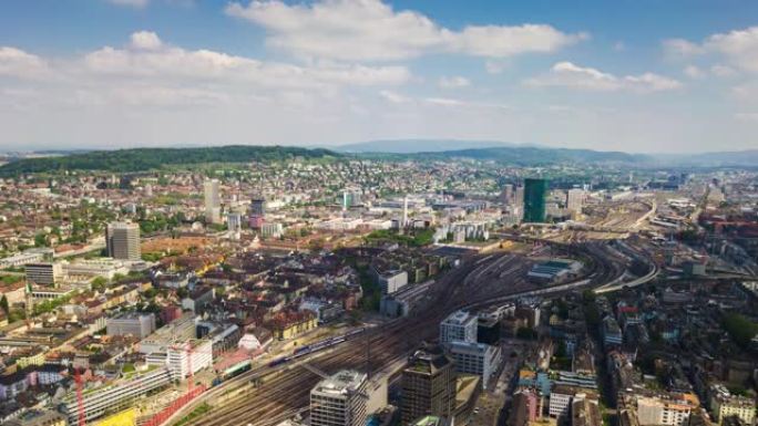 阳光明媚的苏黎世城市景观铁路航空全景4k延时瑞士