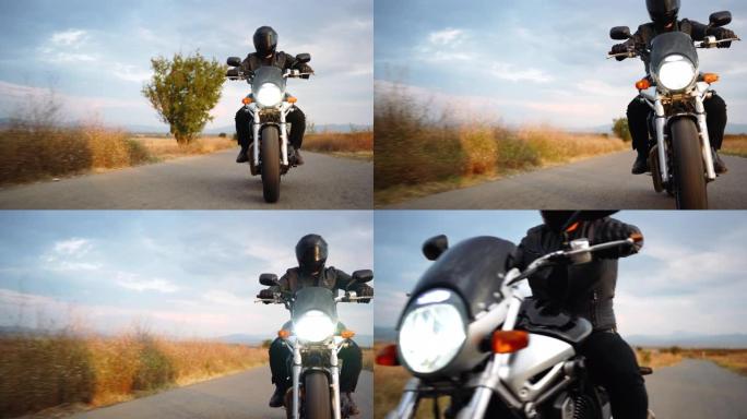 骑摩托车旅行。多云天气日落时的乡村景观