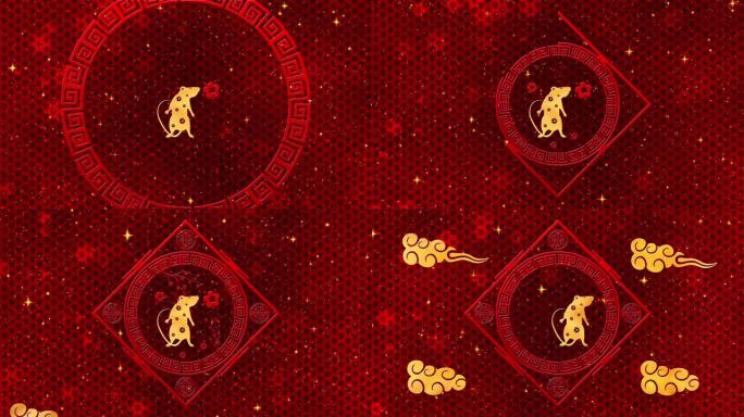 红色农历新年背景，金色，老鼠，烟花，闪闪发光的星星3D渲染循环4k。神奇的新年快乐动画