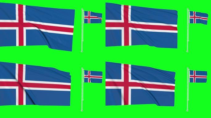 绿屏冰岛两面旗帜挥舞着冰岛旗杆动画3d色度键