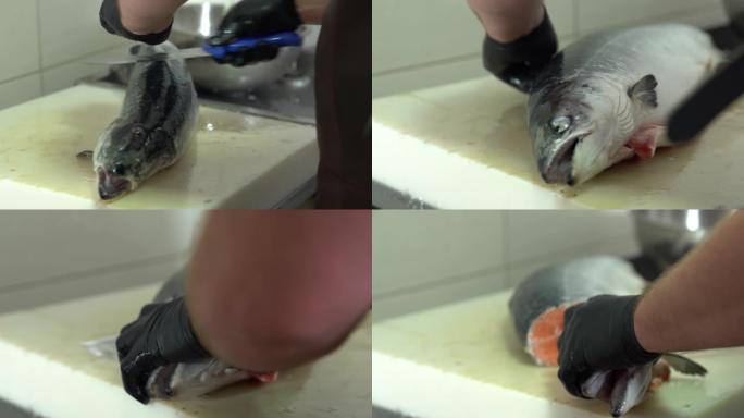 厨房里新鲜捕获的鲑鱼的内脏