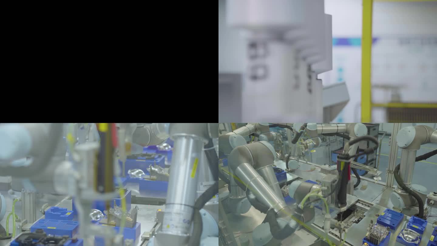 一个男人在工厂里在机器上工作 一个蓝白相间的机器人站在电视机前 机器特写