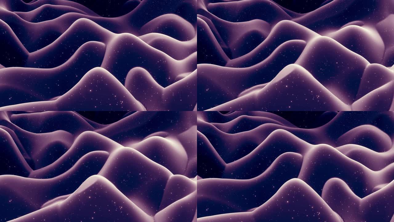 柔和的黑色哑光材料的抽象波，内部发光，在变形表面上闪闪发光。抽象的几何表面，如景观或地形，挤压或取代