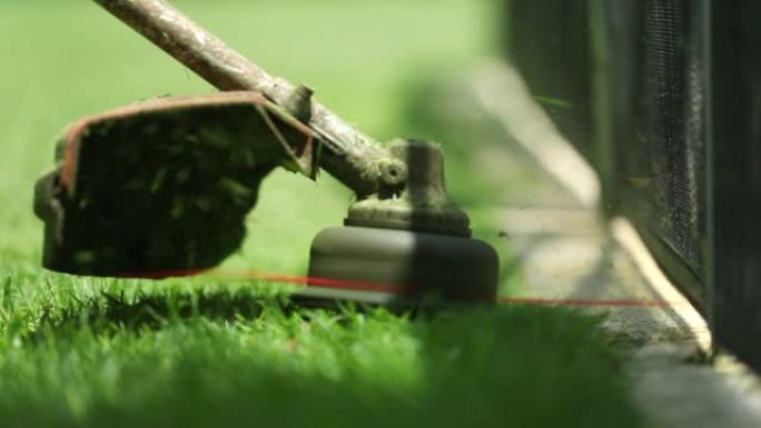 用机器修剪草坪，用割草机在120fps慢动作中修剪草