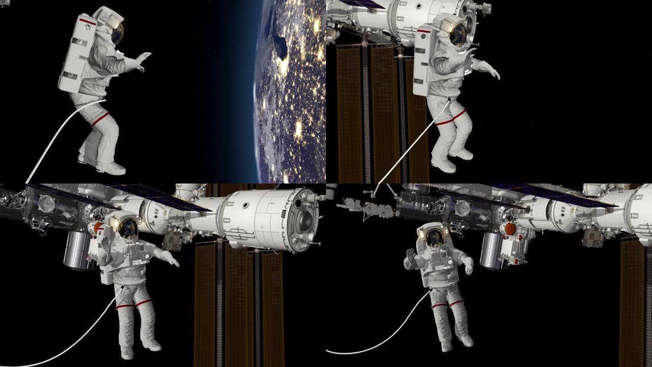 宇航员太空行走，在空旷的空间里挥舞着他的手。国际空间站ISS在地球大气层上空旋转。NASA提供的这段