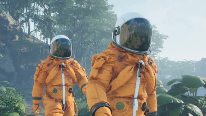 宇航员-科学家正在研究一个外国绿色荒芜的星球。幻想、科幻或太空背景的动画。