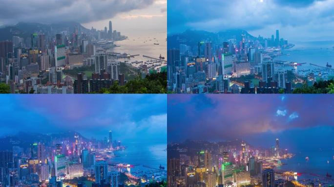 延时鸟瞰图香港天际线，香港城市景观维多利亚港上空的摩天大楼，中国香港