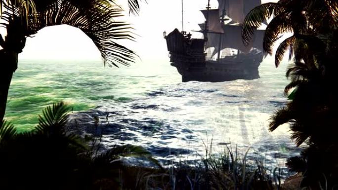 中世纪的船驶过热带岛屿。中世纪海上探险的概念。美丽的循环动画。