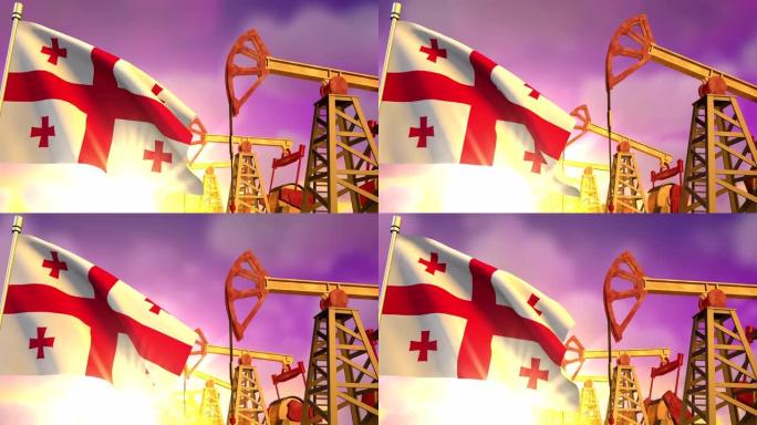 夕阳下油井抽油的背景上飘扬着佐治亚州的旗帜。石油行业概念，4K 3d动画