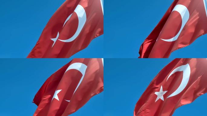 土耳其国旗飘扬在晴朗的蓝天背景慢镜头特写