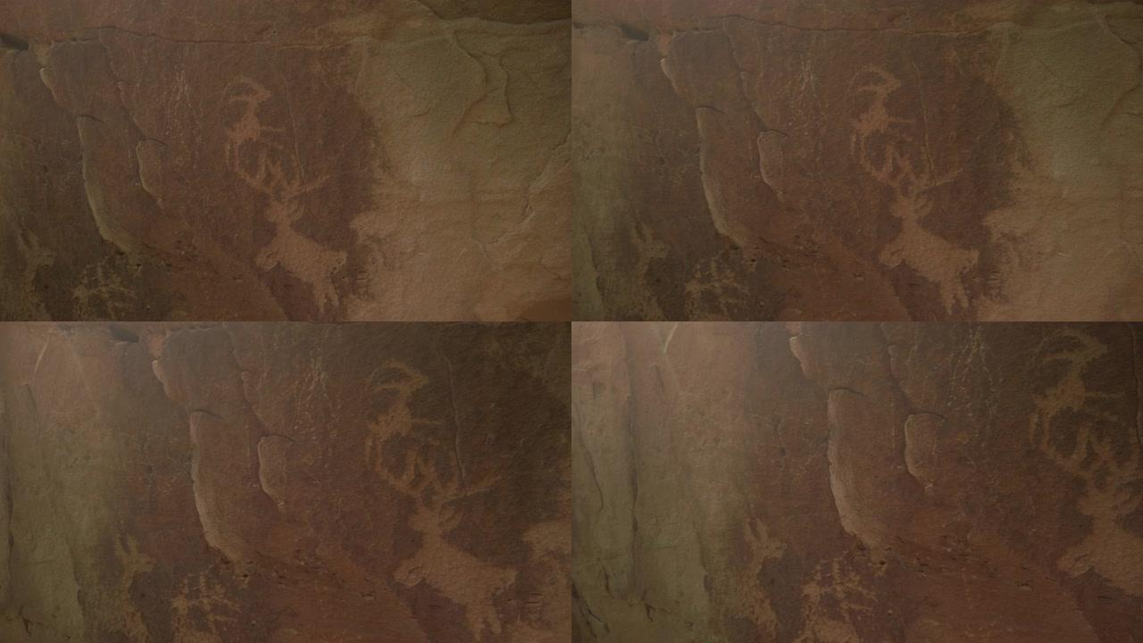 早春的古代美洲原住民绘画沙漠徒步旅行4k视频岩石表面岩画