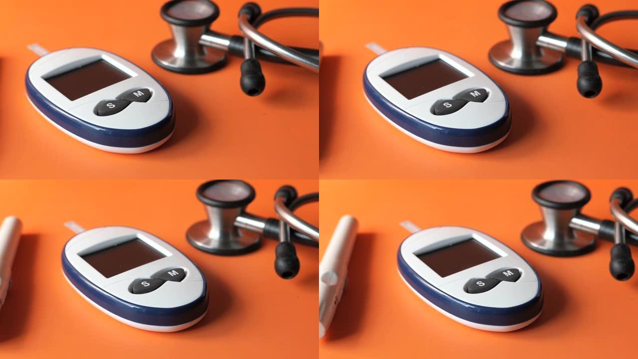 彩色背景上的糖尿病测量工具和药丸的特写