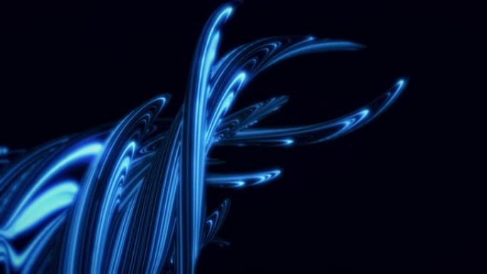 黑色背景上的抽象蓝色生长和扭曲树根。动画。发光的粘性物质的大小增加和卷曲