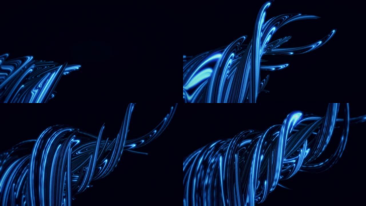 黑色背景上的抽象蓝色生长和扭曲树根。动画。发光的粘性物质的大小增加和卷曲