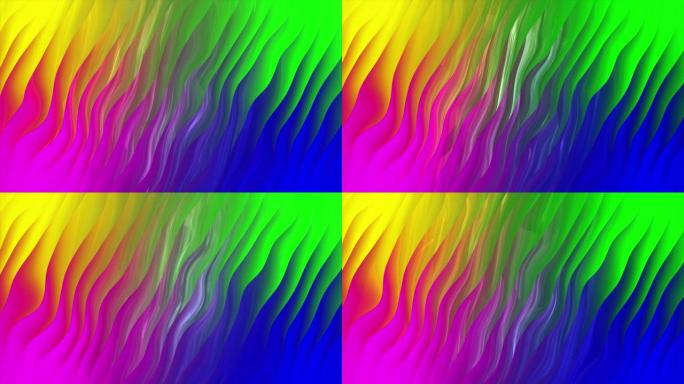 时尚的3d抽象动画彩色波浪形光滑墙。概念多色液体图案。紫色蓝色波浪形反射表面宏观。时髦的彩色流体抽象