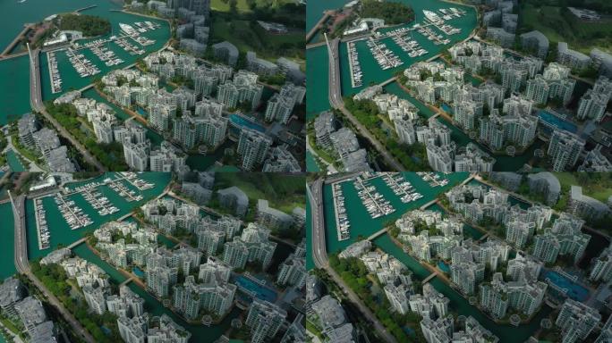 阳光灿烂的新加坡城市公寓海湾综合游艇码头码头航空全景4k