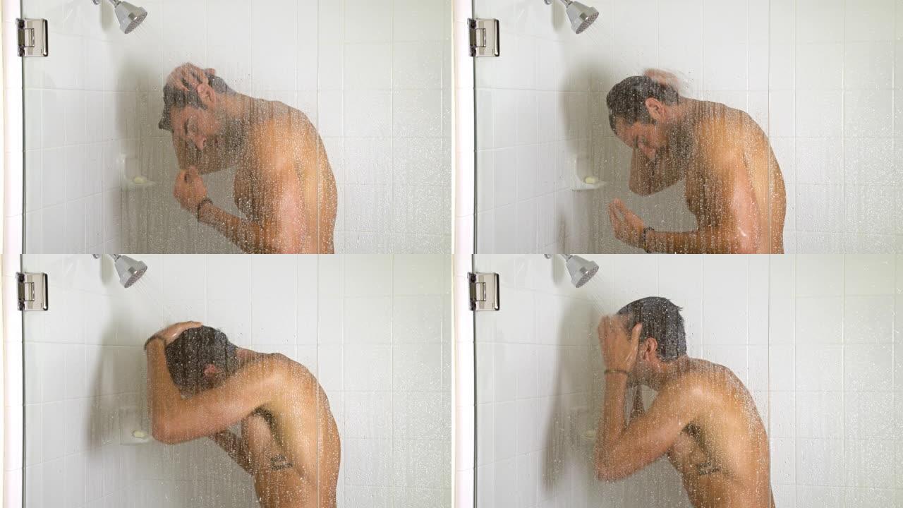 运动的男人洗澡手揉泡泡洗澡沐浴露泡沫丰富