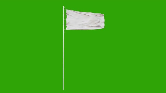 空白的普通白旗在风中挥舞，投降旗3D动画与绿屏。4K
