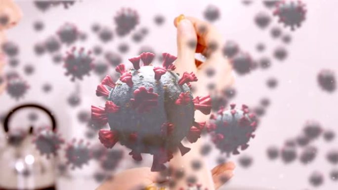 漂浮宏观新型冠状病毒肺炎细胞在白人妇女在家服药的动画