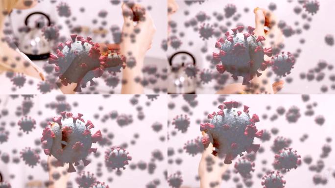 漂浮宏观新型冠状病毒肺炎细胞在白人妇女在家服药的动画