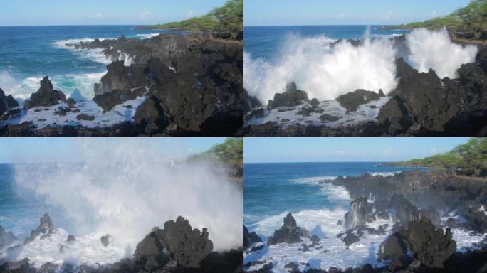海浪冲向夏威夷的海岸