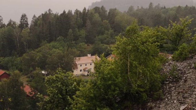 大雨在灰色的天空下，可以看到树顶和私人房屋的美景。美丽的自然背景。