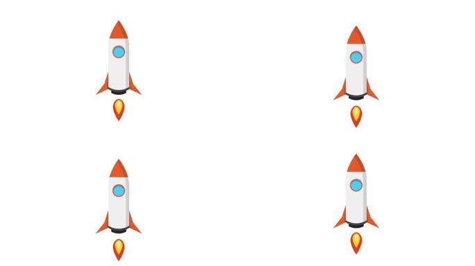 卡通火箭飞船在白色背景上飞起来。循环动画。4k分辨率。