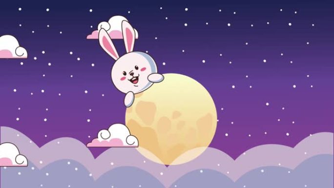 中秋动画与兔子和云中的满月