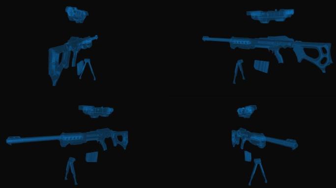 部分狙击步枪线框图。3d渲染与蓝色网格线。循环旋转的黑色背景。