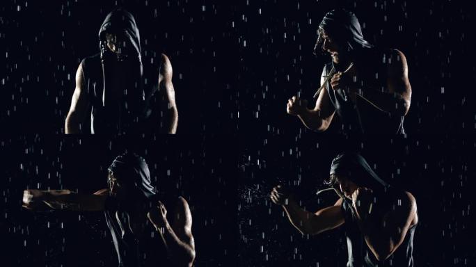 运动男子在雨中拳击