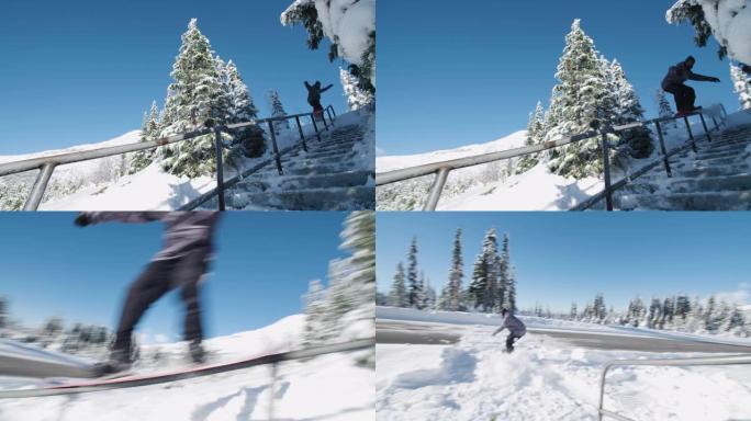 单板滑雪射击职业单板滑雪运动员滑行一个激动人心的扶手障碍完成了一个被称为5050的技巧在极端冬季运动