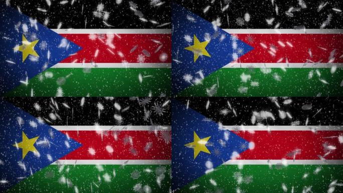 南苏丹国旗降雪圈，新年和圣诞节背景，圈