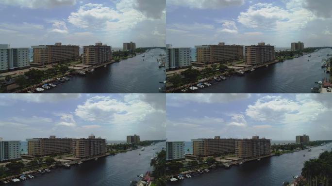 风暴逼近佛罗里达州迈阿密附近的希尔斯伯勒海滩。带有全景摄像机运动的空中无人机视频。