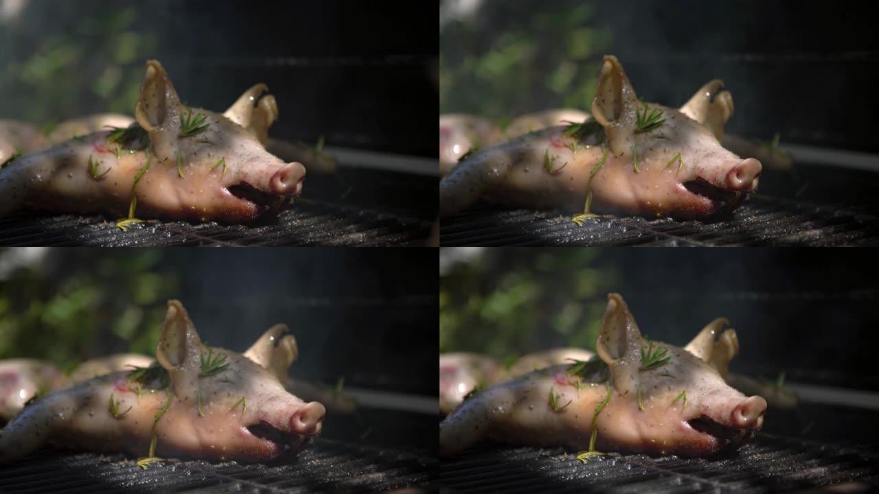 4K，烧烤烤架上的美味猪肉。全猪煮熟的烤肉特写。