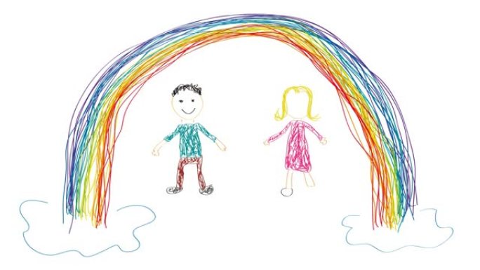 “呆在家里，冠状病毒救你” 这个词。儿童制作的动画绘画。彩虹和云中的家庭