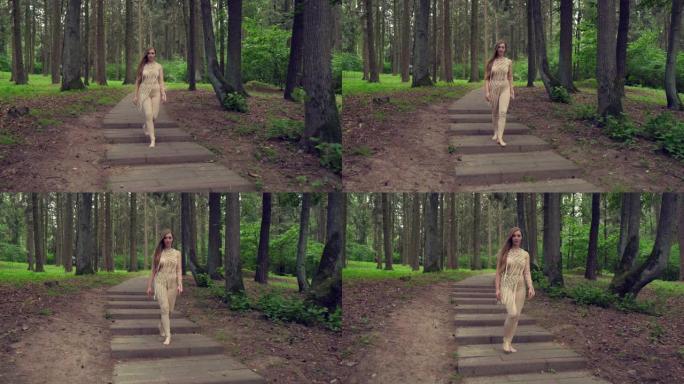 一个美丽的女人赤脚走在石阶上。在森林周围。